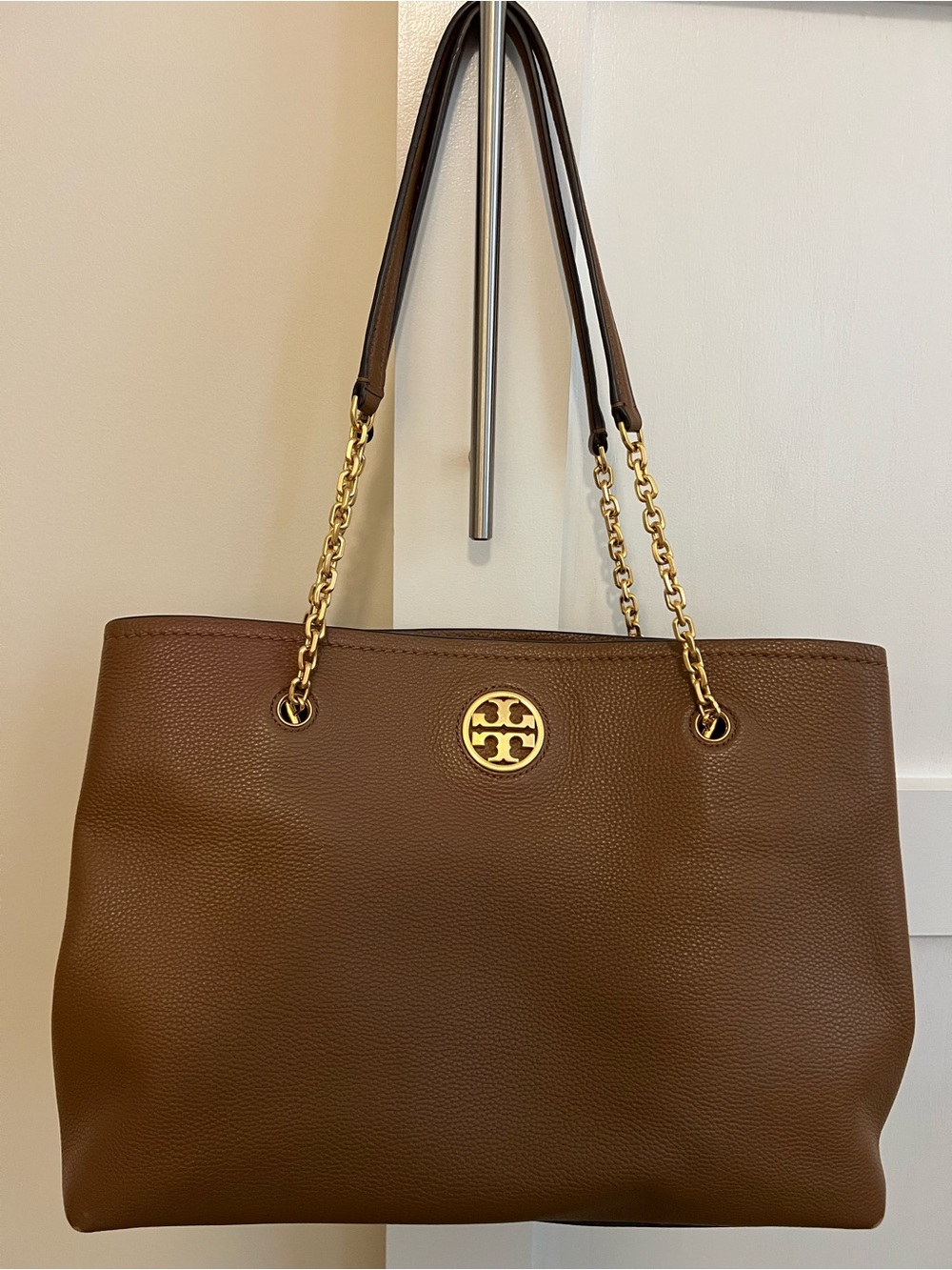 Tory Burch Brown Pebbled Leather Tote with Gold Chain Handles
